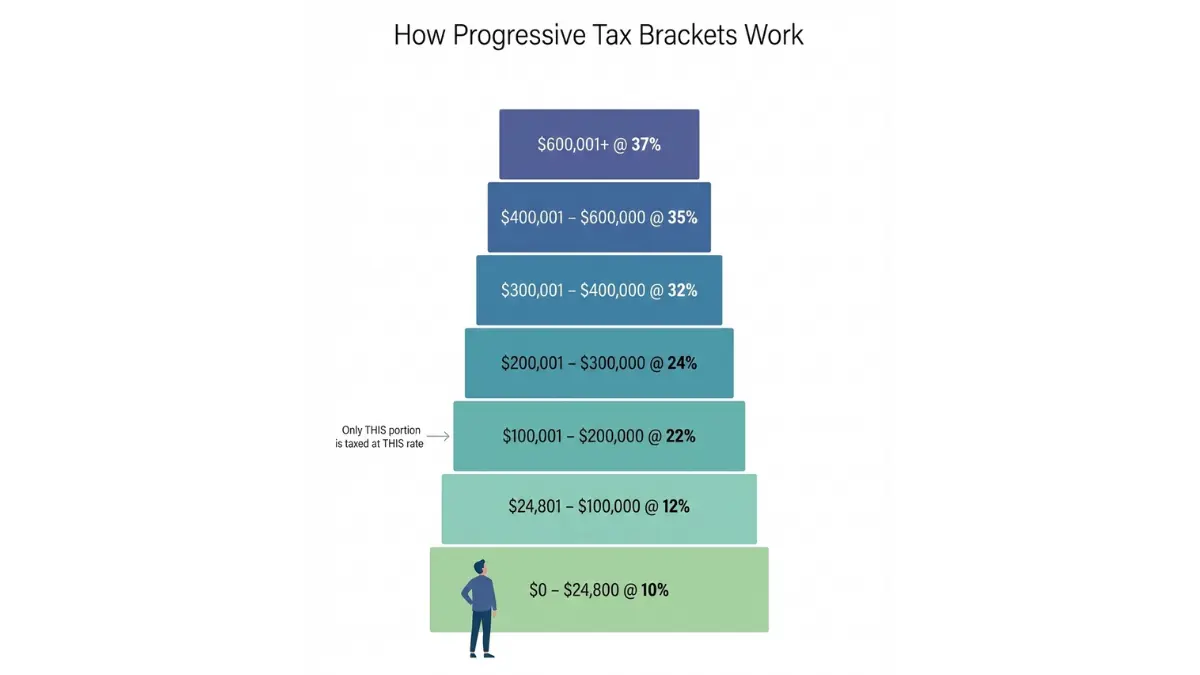 Tax Brackets explained using income stacking blocks showing how progressive tax rates apply