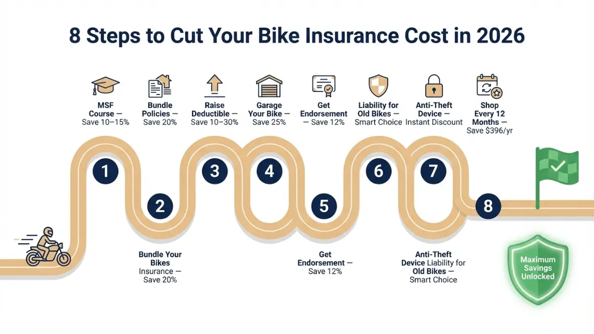 roadmap showing steps to reduce bike insurance costs in 2026