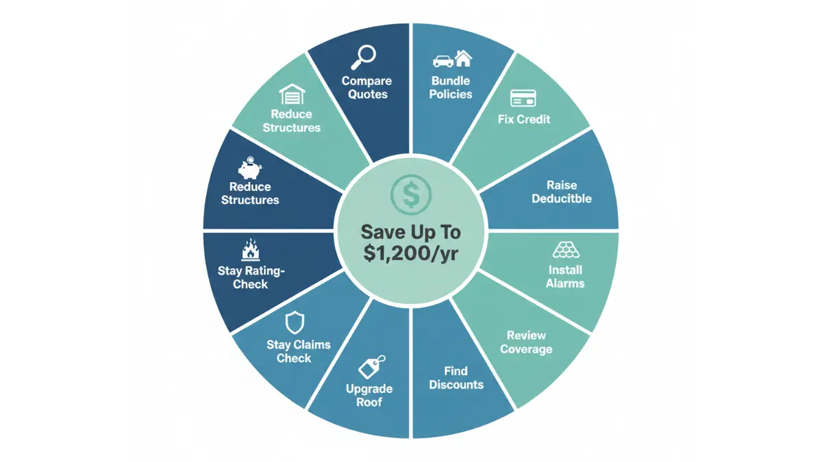 Ways to save on Homeowners Insurance including comparing quotes bundling policies raising deductible and installing safety systems