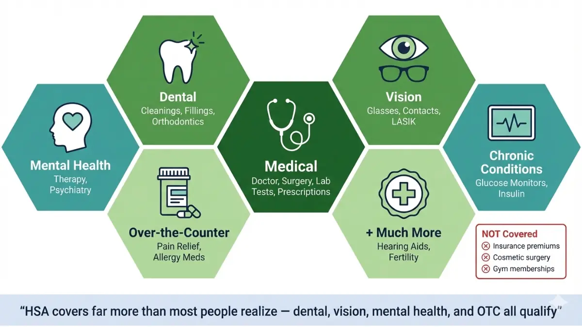 HSA eligible medical dental vision mental health and OTC expenses categories infographic