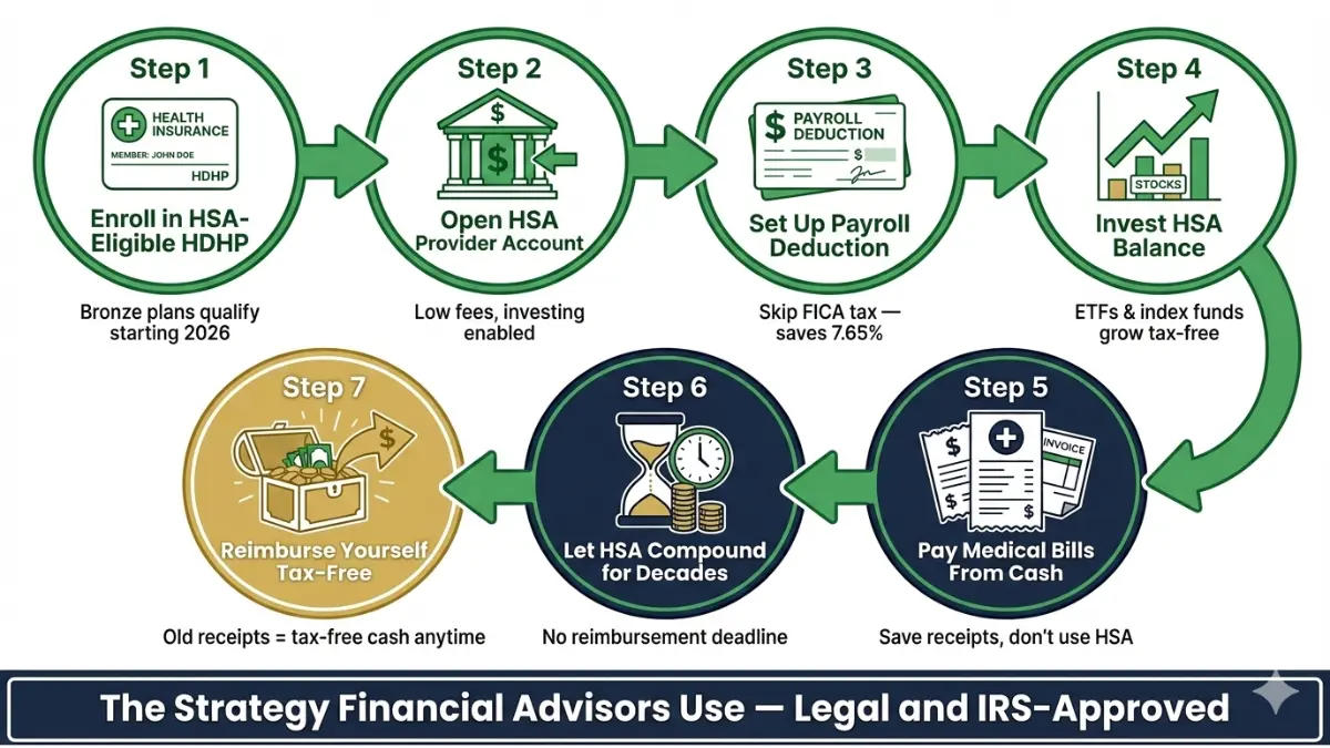 HSA stealth strategy roadmap showing seven steps to build tax-free retirement healthcare funds