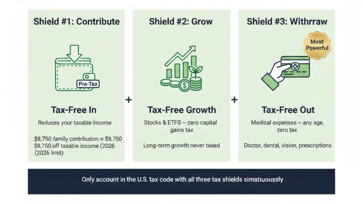 HSA triple tax advantage infographic showing tax-free contribution growth and withdrawal shields