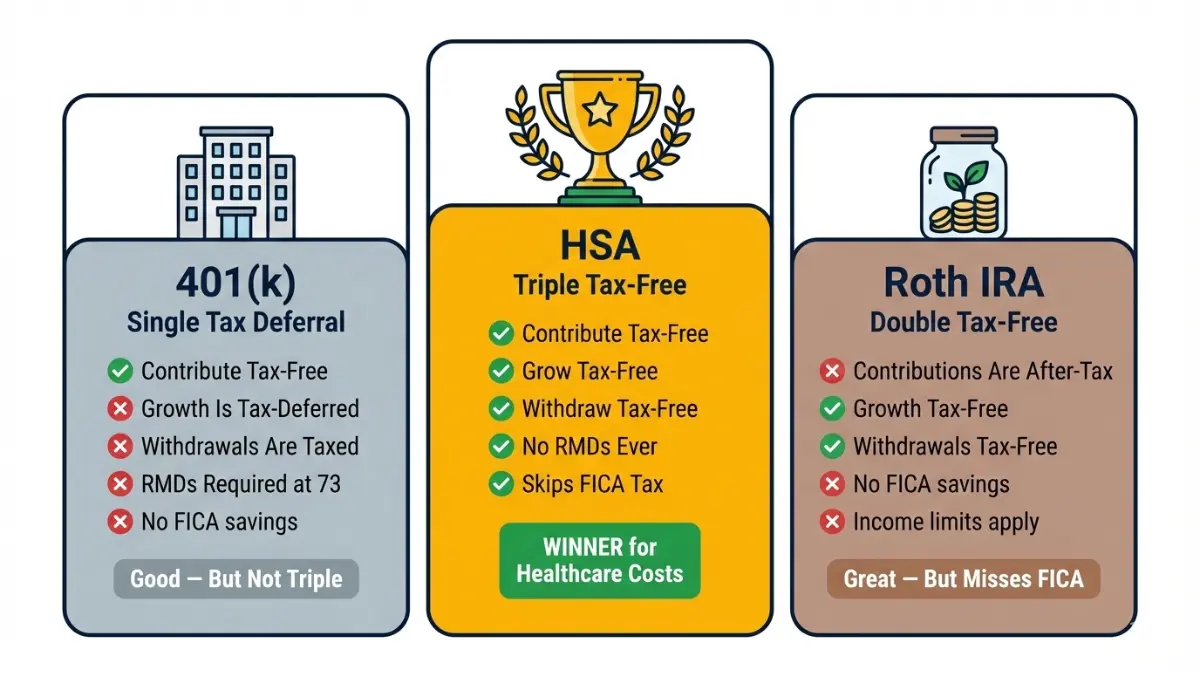 HSA vs 401k vs Roth IRA tax comparison showing HSA as the winner