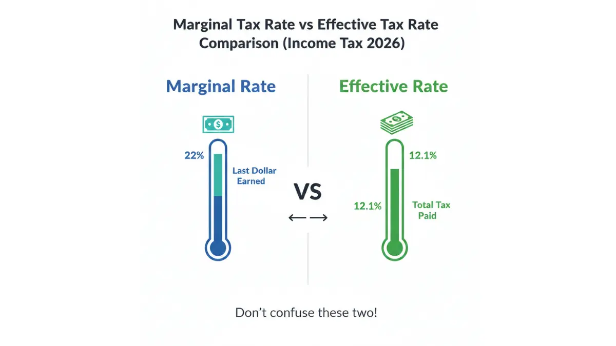 Income Tax comparison showing marginal tax rate of 22 percent versus effective tax rate of 12.1 percent using visual thermometers