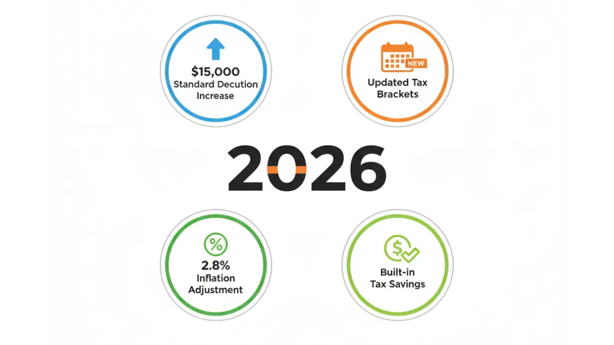 Income Tax 2026 updates infographic showing new standard deduction of $15,000, bracket adjustments, and 2.8 percent inflation changes