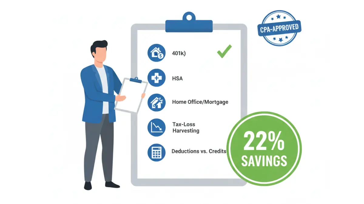 Income Tax savings strategies checklist showing 401k contributions, HSA, home office deduction, tax-loss harvesting, and credit optimization