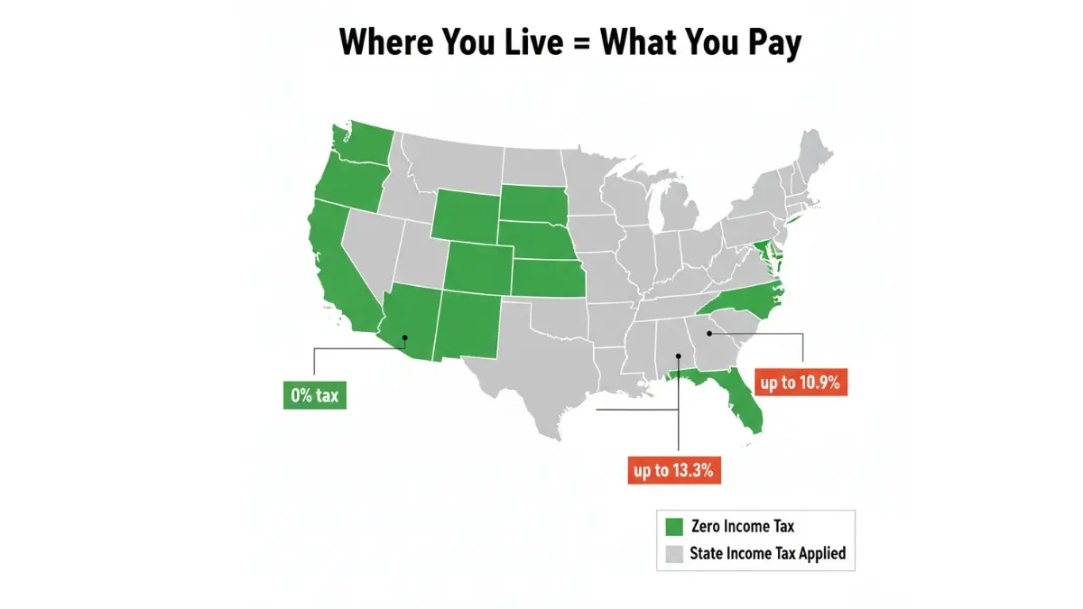 Income Tax map of the United States highlighting nine states with zero income tax including Texas, Florida, Tennessee, Nevada, Alaska, Washington, Wyoming, South Dakota, and New Hampshire