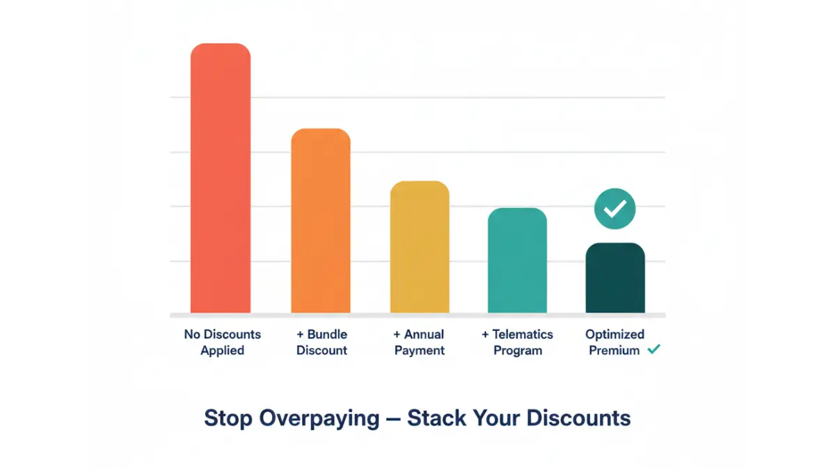 Insurance discounts stacked to reduce premium costs bar chart illustration
