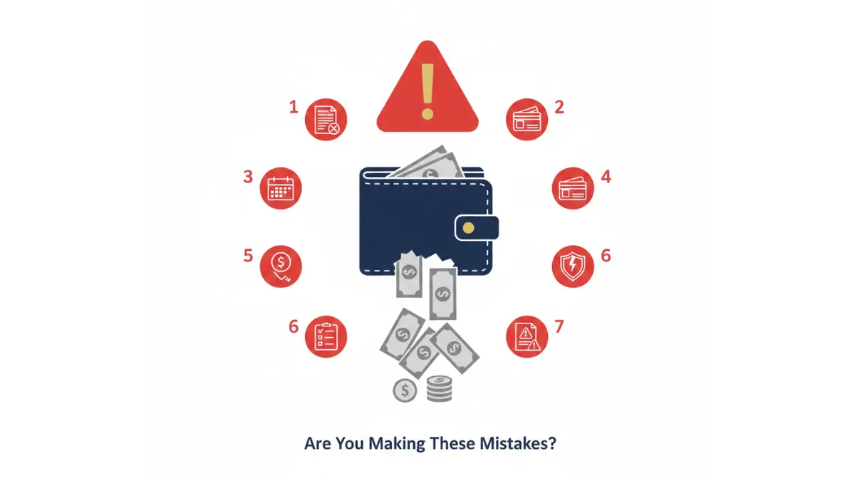 Insurance mistakes causing money loss from wallet with warning icons