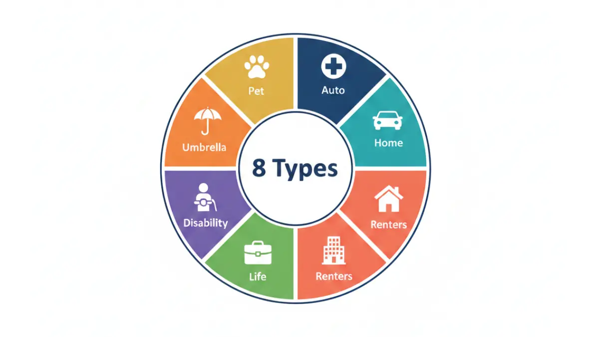 Insurance coverage types wheel showing health auto home life renters disability umbrella and pet policies