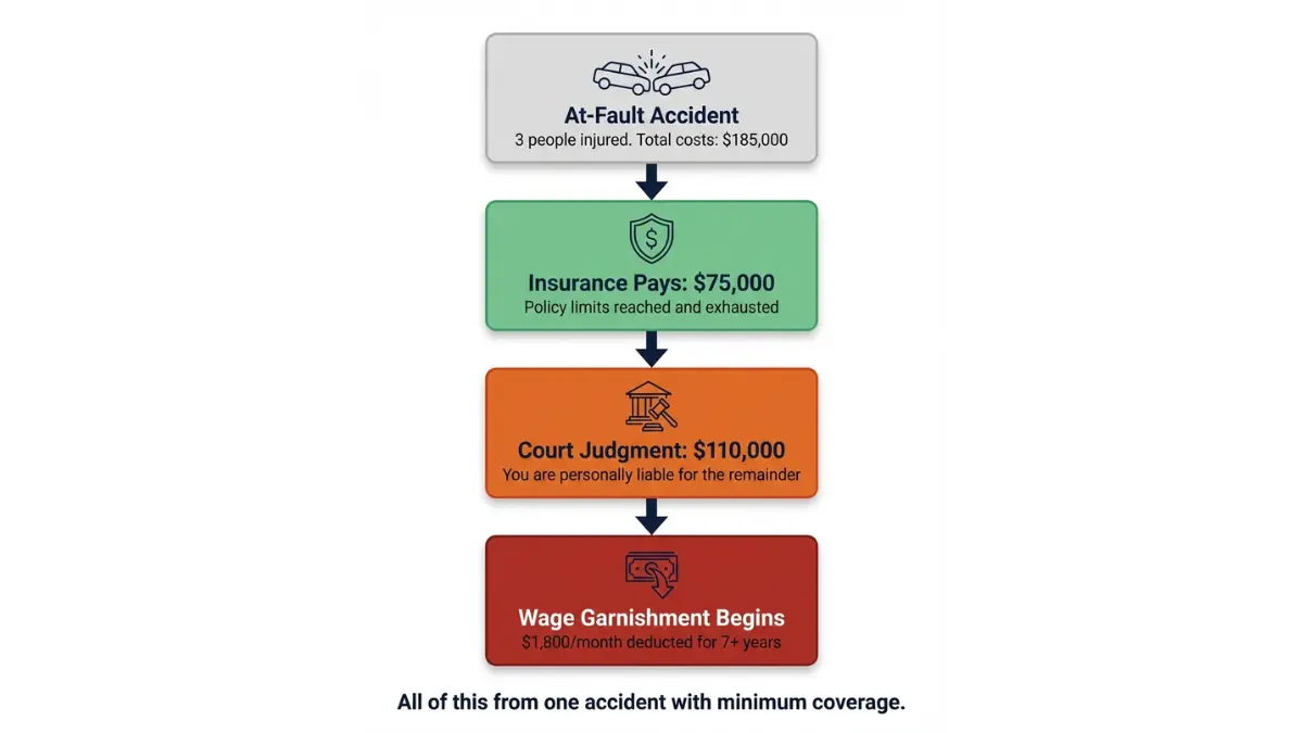 Liability Car Insurance minimum coverage exhaustion leading to court judgment and wage garnishment timeline