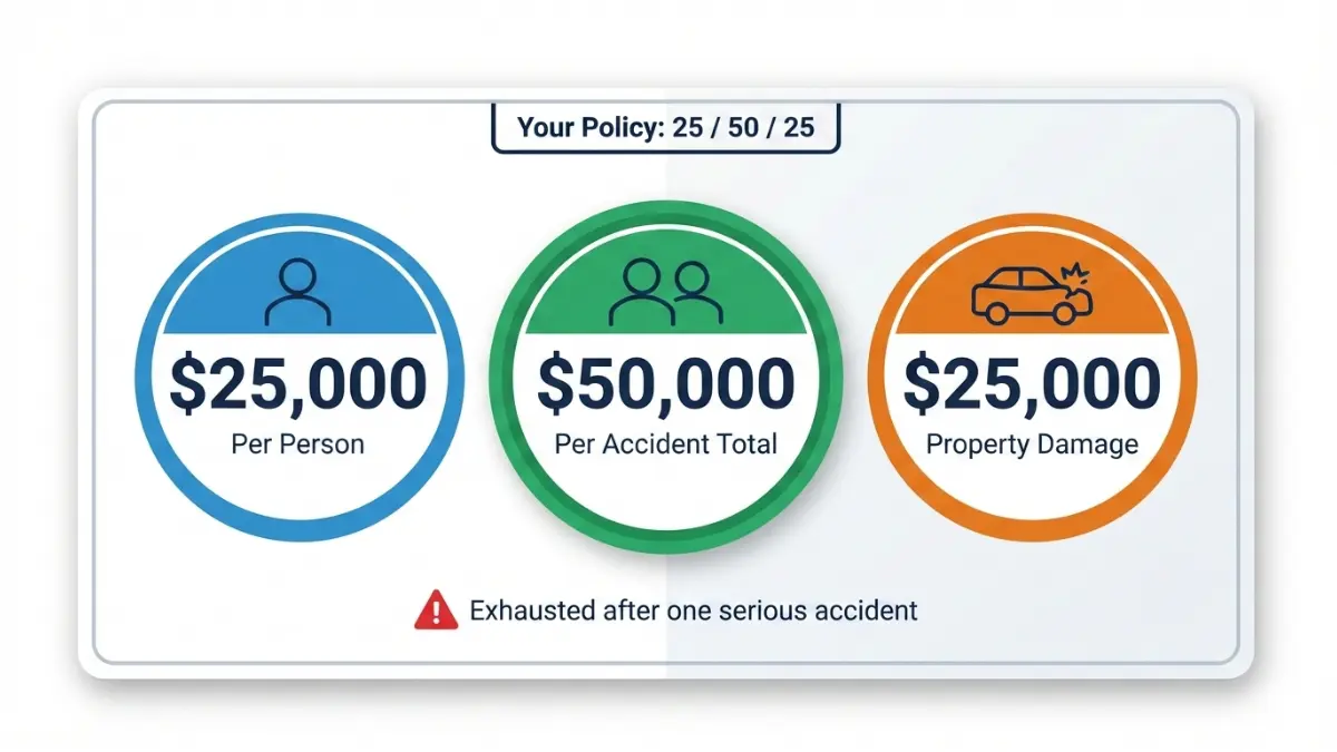 Liability Car Insurance policy limits 25/50/25 example showing per person per accident and property damage coverage