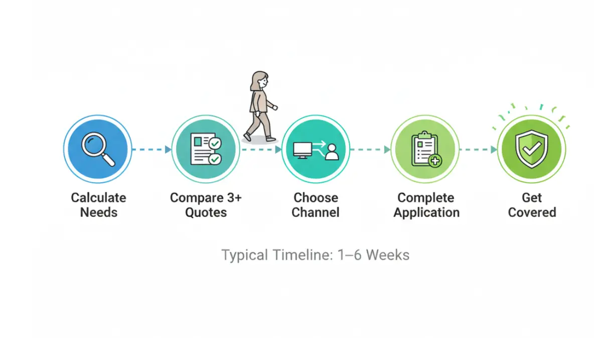 Life Insurance buying process roadmap showing steps from calculating needs to getting covered