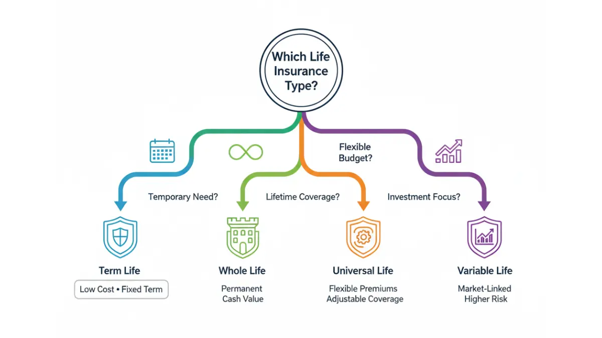 Life Insurance policy types decision tree showing term whole universal and variable life options