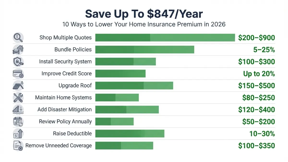 Home Insurance premium savings strategies infographic showing ten ways to reduce costs