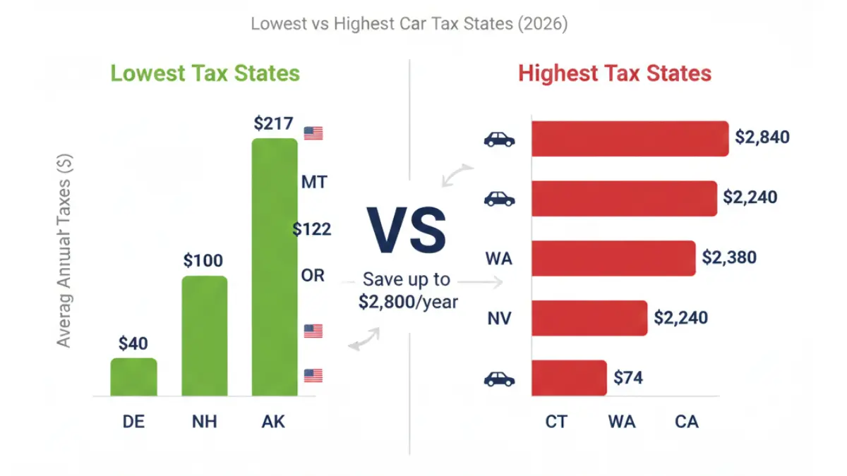 Car Tax comparison chart showing lowest and highest tax states in the United States