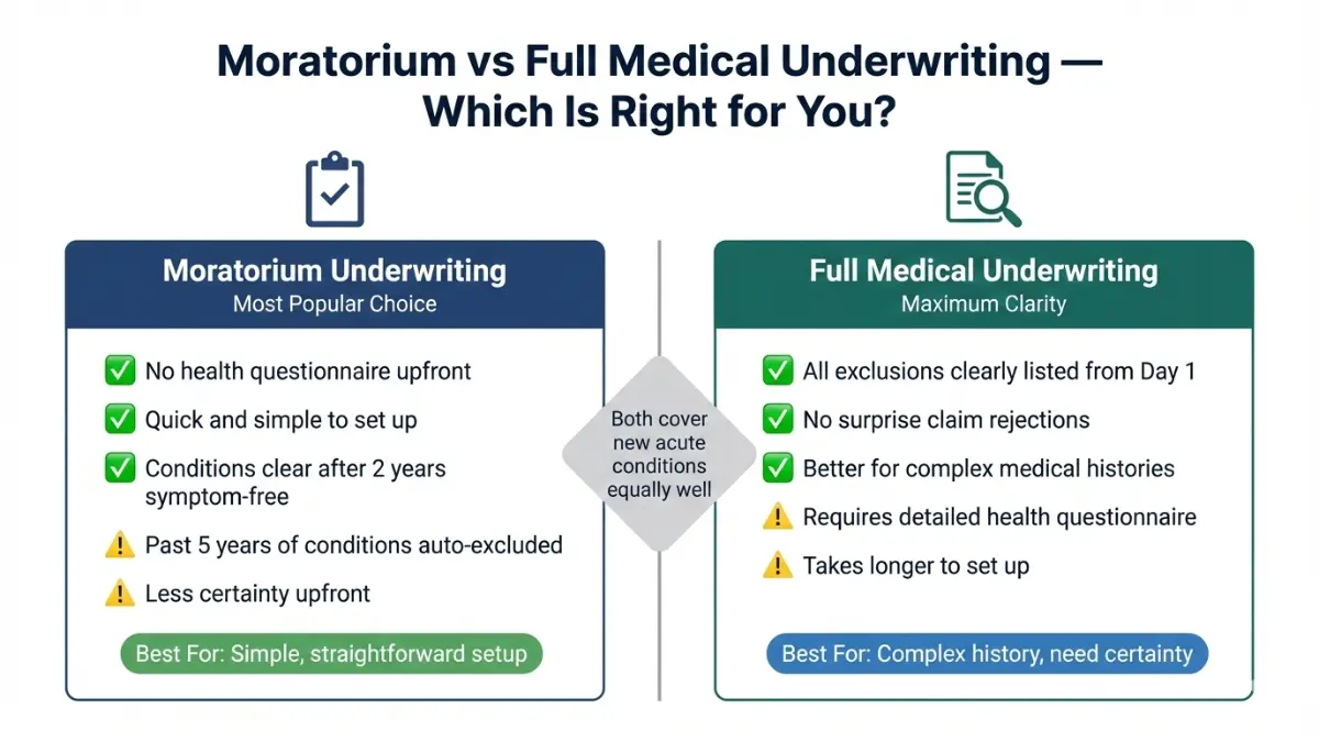 Comparison of Moratorium and Full Medical Underwriting options in Private Medical Insurance policies