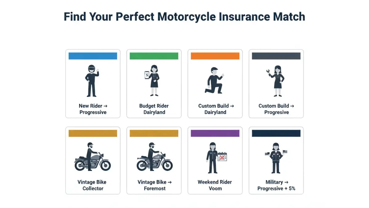 Motorcycle insurance companies recommended by rider type including new budget custom vintage and military riders