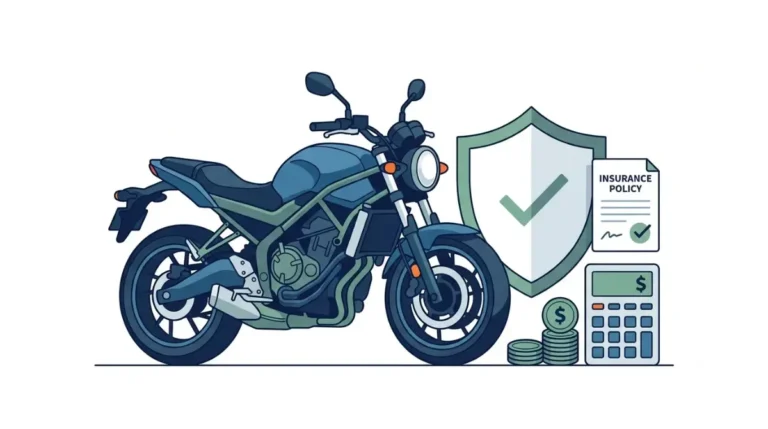 Motorcycle insurance cost illustration showing a motorcycle, financial protection shield, coins, and calculator