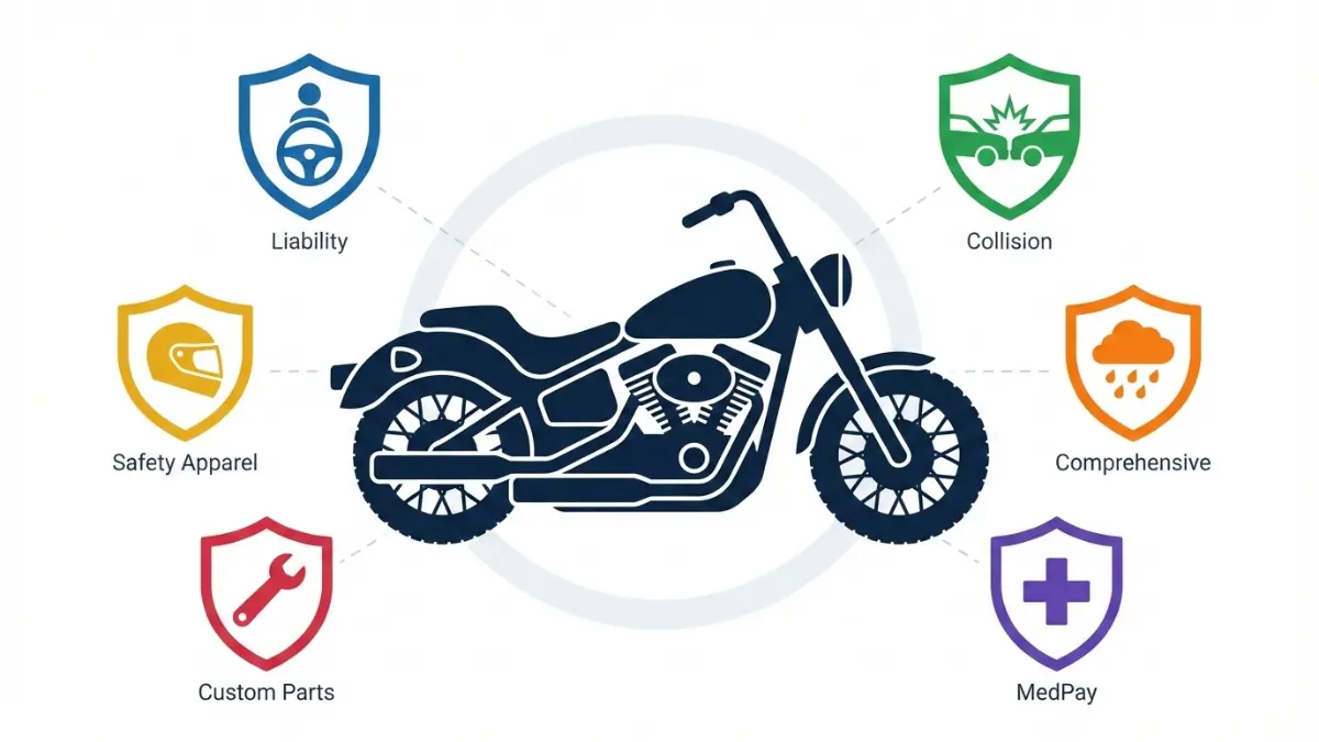 Motorcycle insurance coverage types infographic showing liability collision comprehensive and add-ons