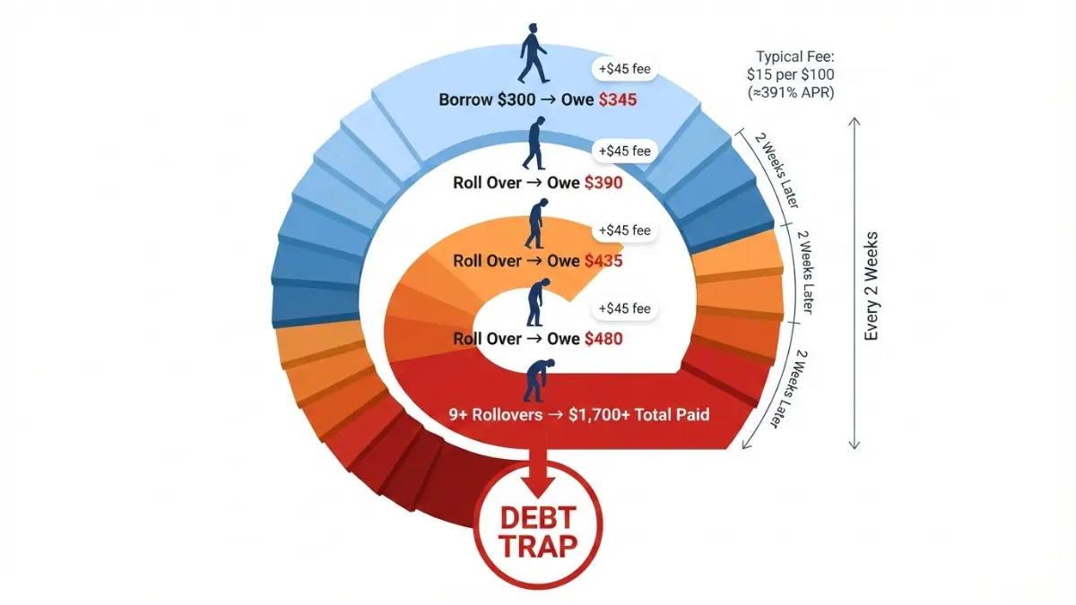payday loan rollover debt trap spiral staircase showing $300 turning into $1700 after multiple rollovers