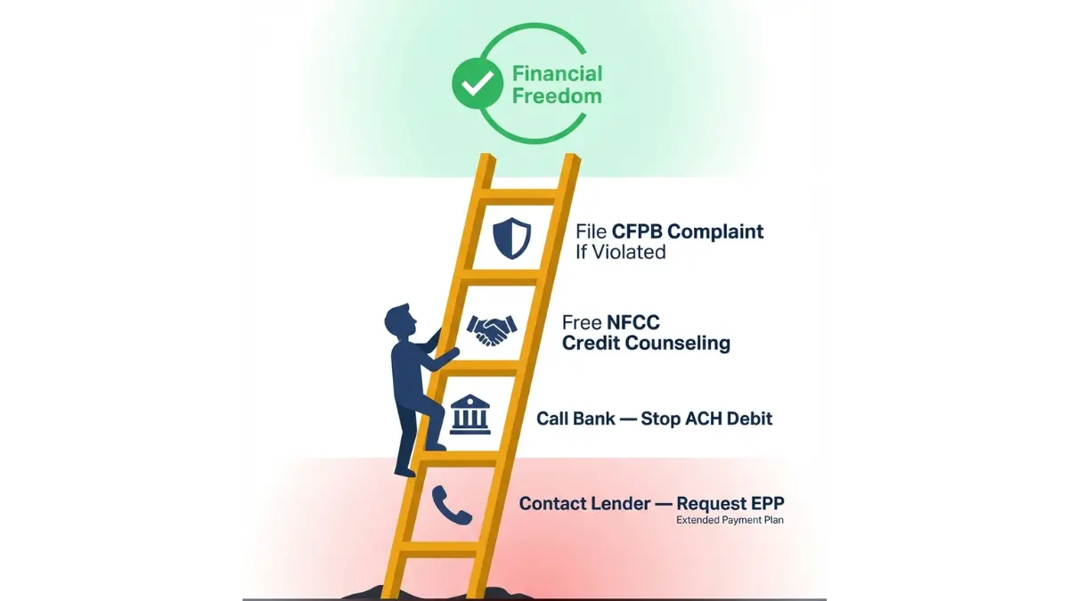 payday loan escape plan ladder showing EPP ACH stop and CFPB complaint steps to financial freedom