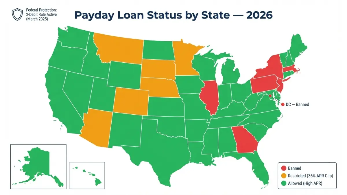 payday loan legal status by state 2026 map showing banned restricted and allowed states in the USA