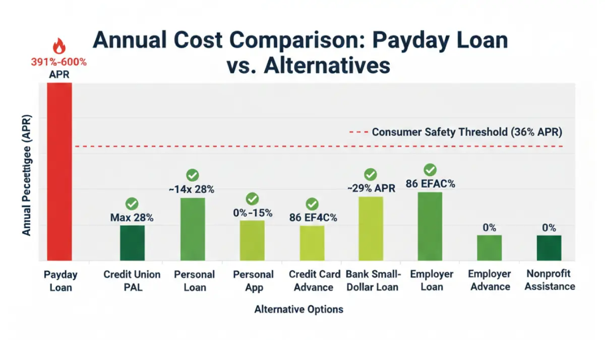 payday loan APR comparison chart showing 391 percent vs safer alternatives under 36 percent