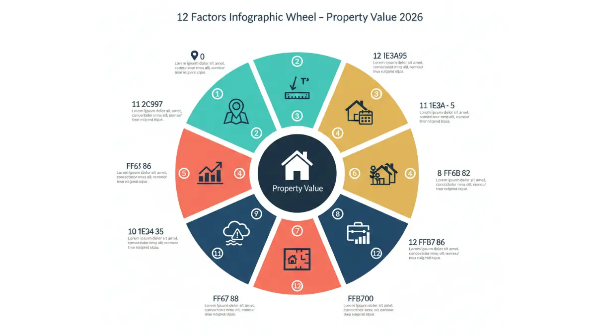 Property value factors infographic showing 12 key elements affecting home prices in 2026