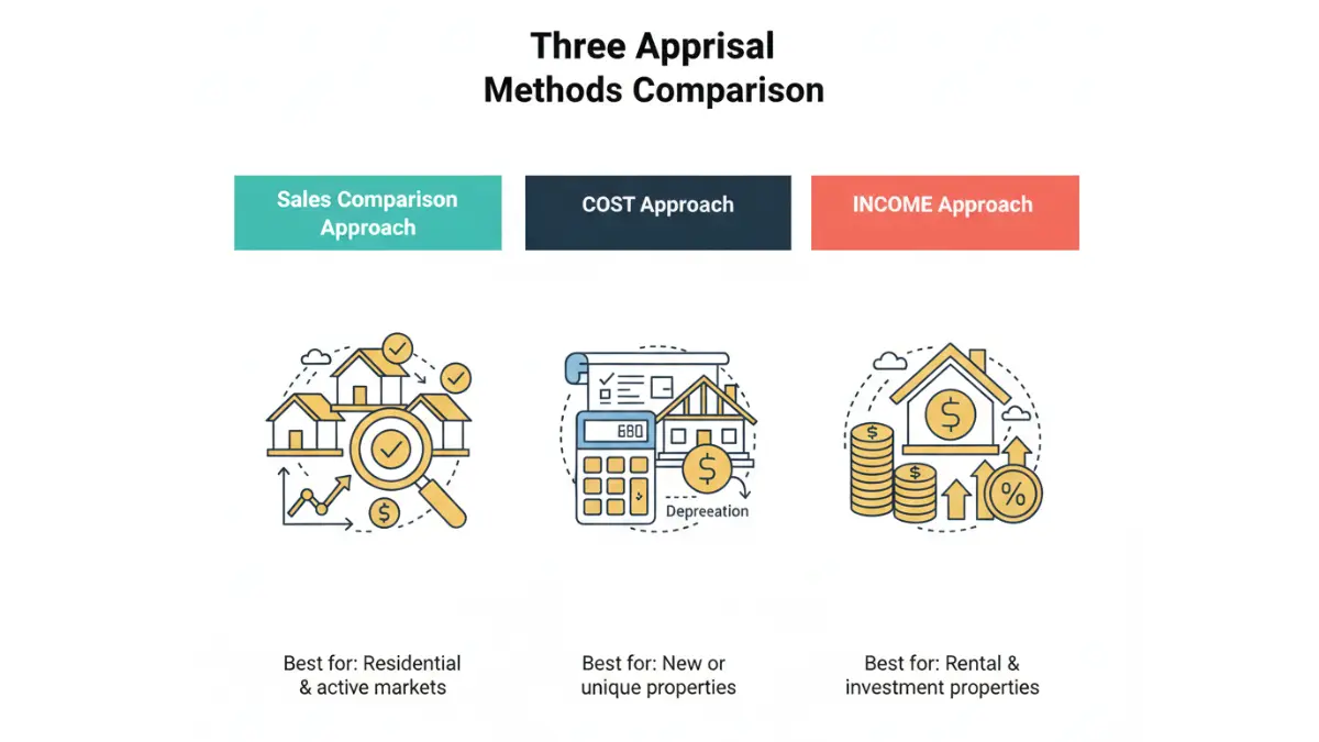 Property value appraisal methods comparison showing sales comparison cost and income approaches