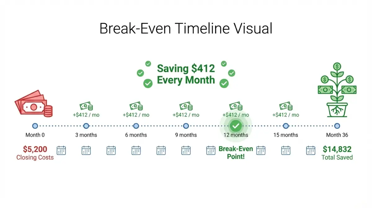 Break-even timeline explaining how closing costs are recovered through monthly savings with Refi Rates