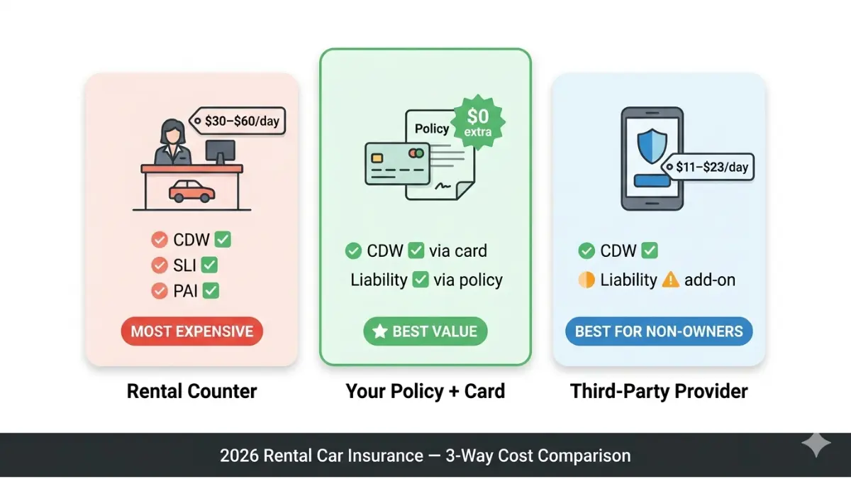 Rental Car Insurance cost comparison counter policy credit card third party
