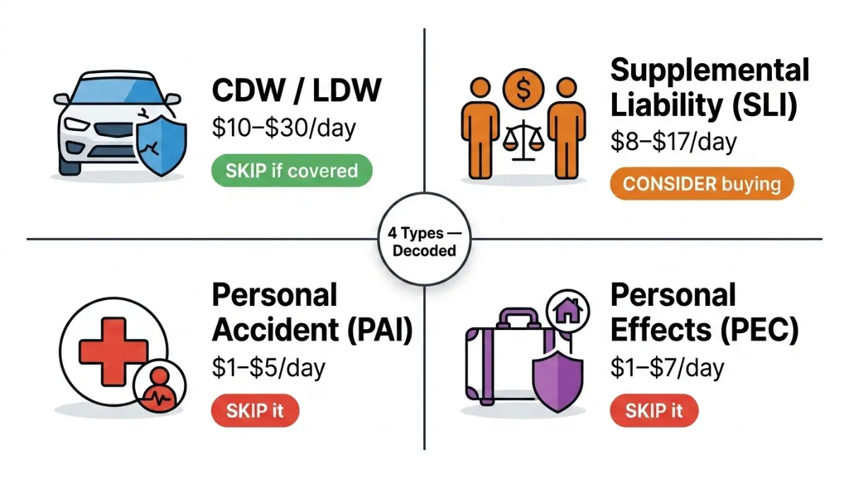 Rental Car Insurance coverage types CDW SLI PAI PEC comparison grid