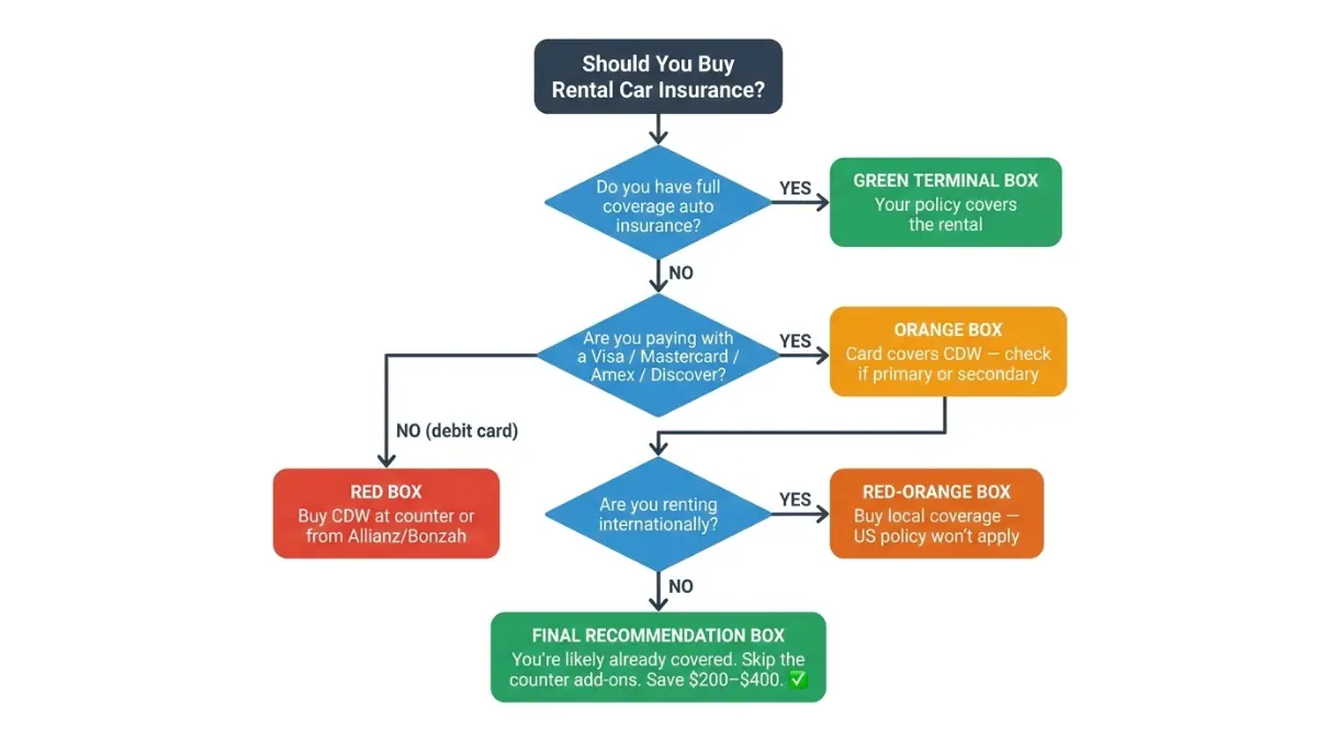 Rental Car Insurance decision flowchart should you buy rental coverage