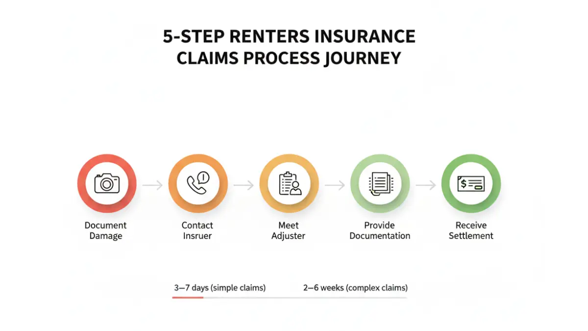 Renters Insurance claims process flowchart showing steps from documenting damage to receiving settlement