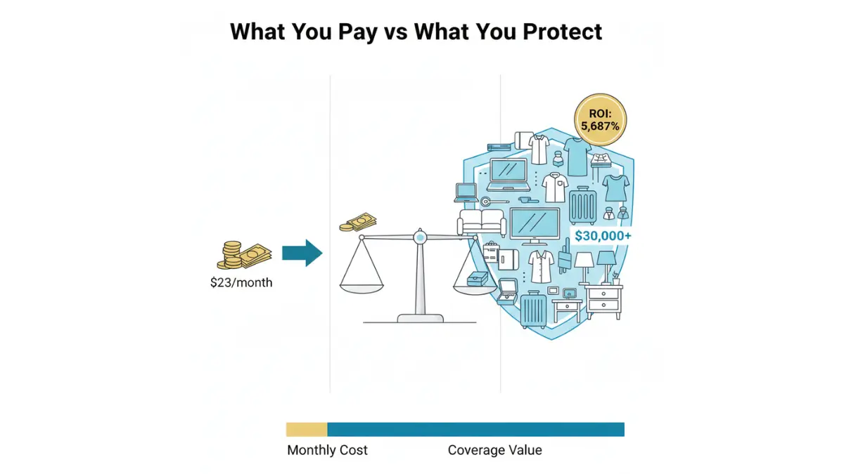 Renters Insurance cost comparison showing small monthly payment versus large protection value for belongings