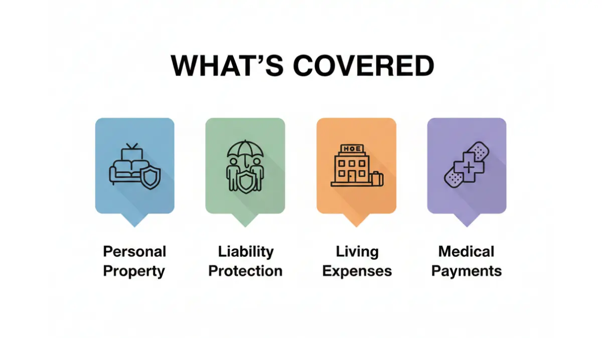 Renters Insurance coverage diagram showing personal property, liability protection, living expenses, and medical payments