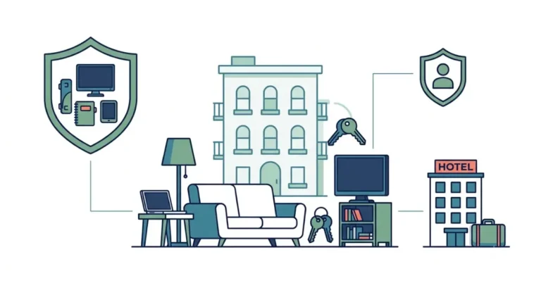Renters insurance illustration showing an apartment, household belongings, liability protection, and temporary housing coverage.