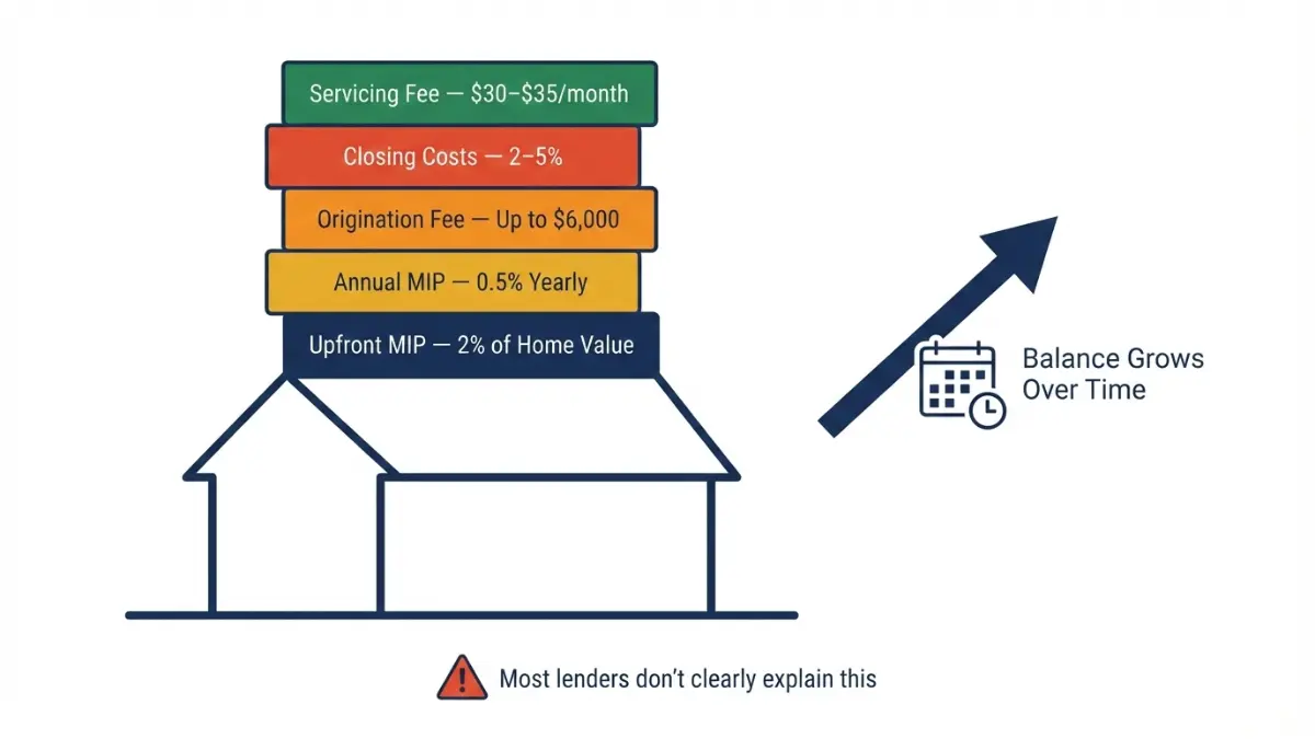 Reverse Mortgage cost breakdown showing MIP origination closing servicing fees stack