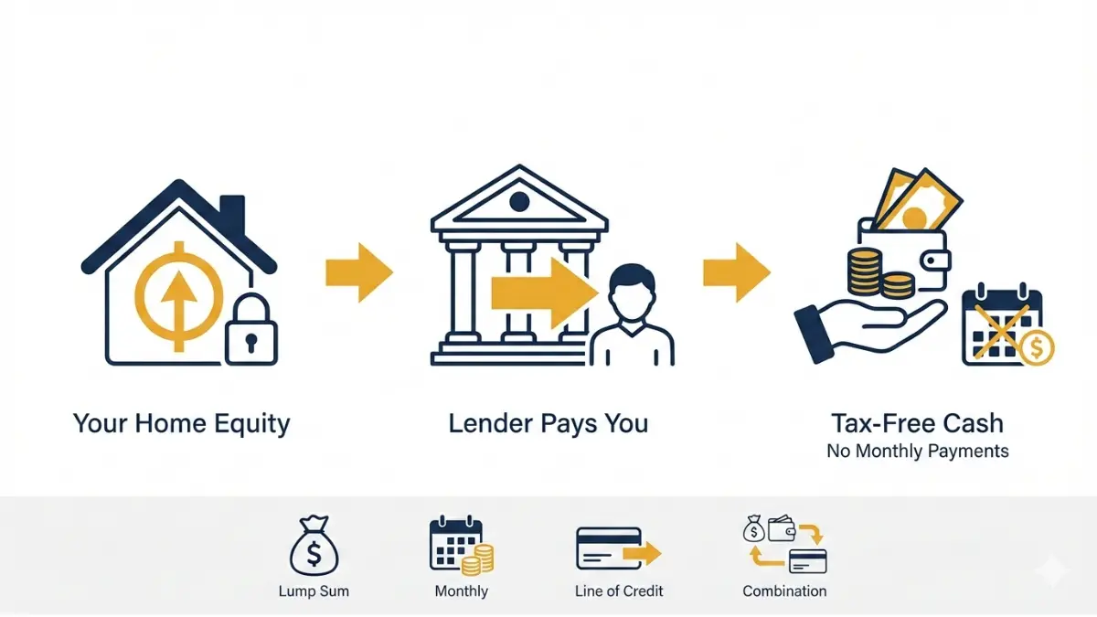 Reverse Mortgage process showing home equity to lender payments to homeowner cash flow