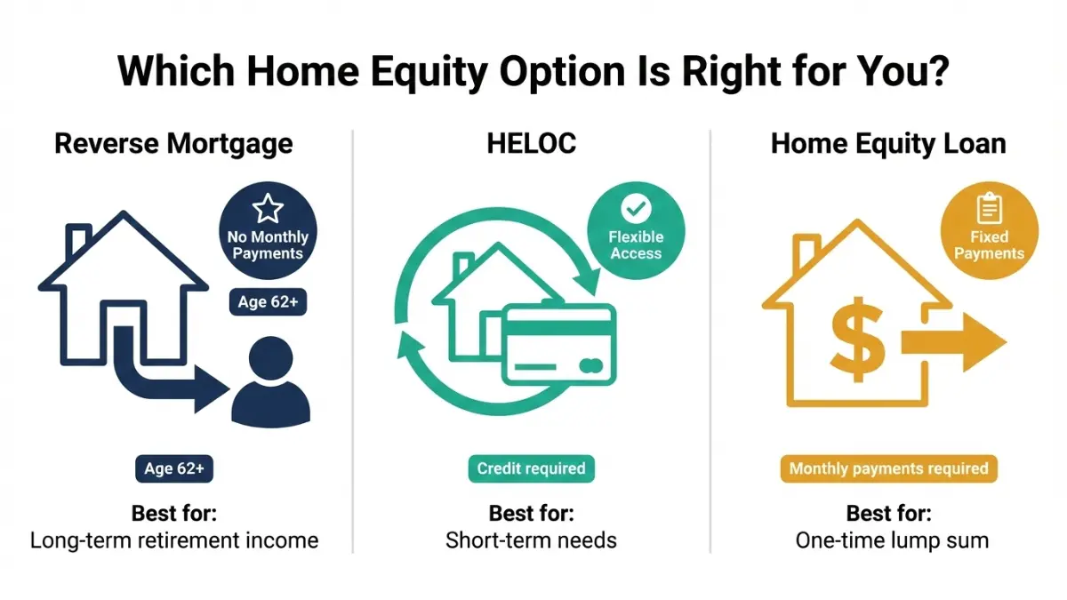 Reverse Mortgage vs HELOC vs Home Equity Loan comparison chart for homeowners