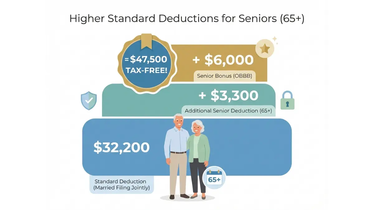 Tax Brackets illustration showing senior standard deduction and bonus benefits totaling $47,500