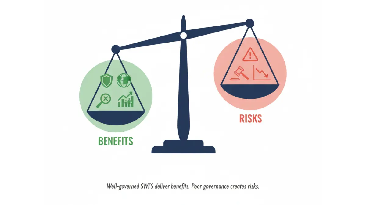 sovereign wealth fund benefits versus risks balance scale showing economic stability returns and governance concerns