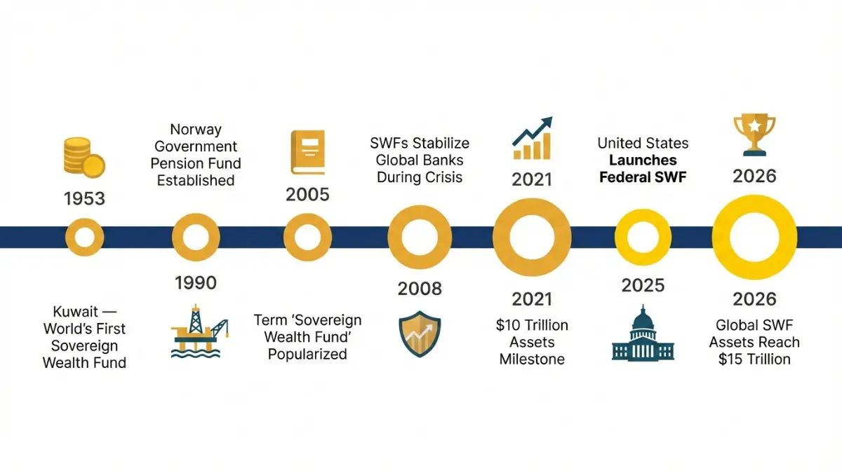 sovereign wealth fund history timeline showing major milestones from Kuwait 1953 to global $15 trillion assets in 2026