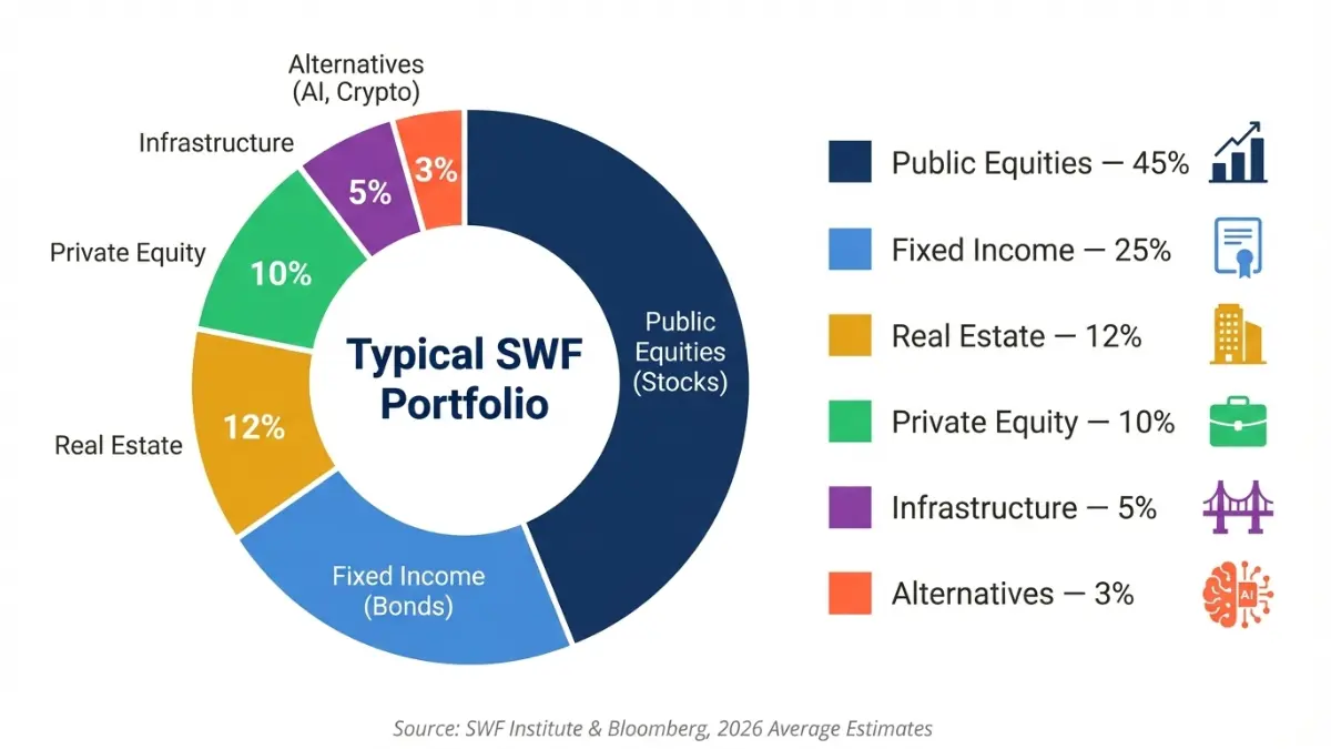 sovereign wealth fund portfolio allocation chart showing equities bonds real estate private equity infrastructure and alternatives