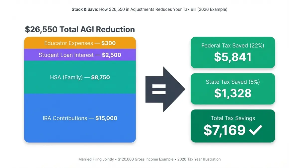 This inverted pyramid diagram illustrates the income flow from Gross Income ($86,650) to AGI ($77,050) to Taxable Income ($60,950) on Form 1040 for 2026. It clearly distinguishes above-the-line and below-the-line deductions, helping readers understand how AGI impacts final taxable income.