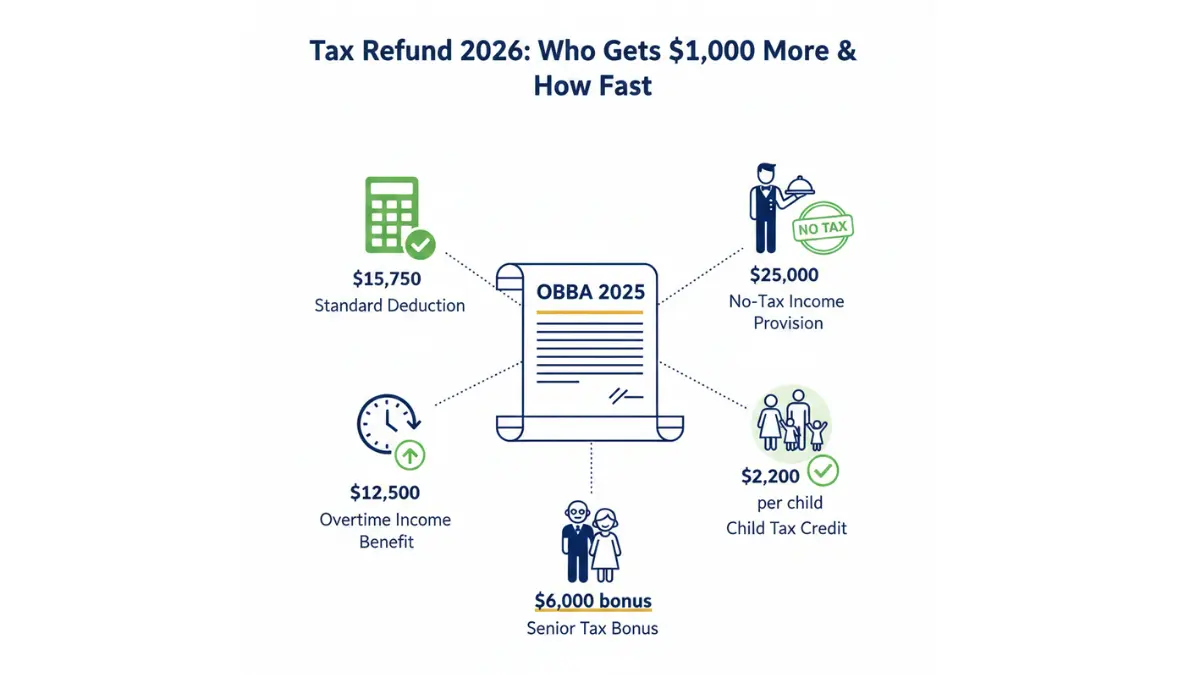 Tax Refund 2026 comparison showing service workers, families, seniors, and professionals with different refund amounts