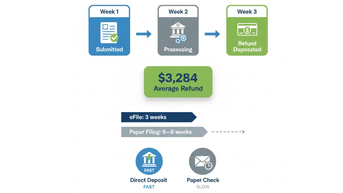 Tax refund timeline showing how eFile delivers refunds in 8–21 days compared to 6–8 weeks for paper filing in 2026
