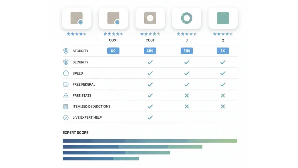 Tax software comparison chart showing free vs paid platforms with expert ratings and pricing for eFile in 2026
