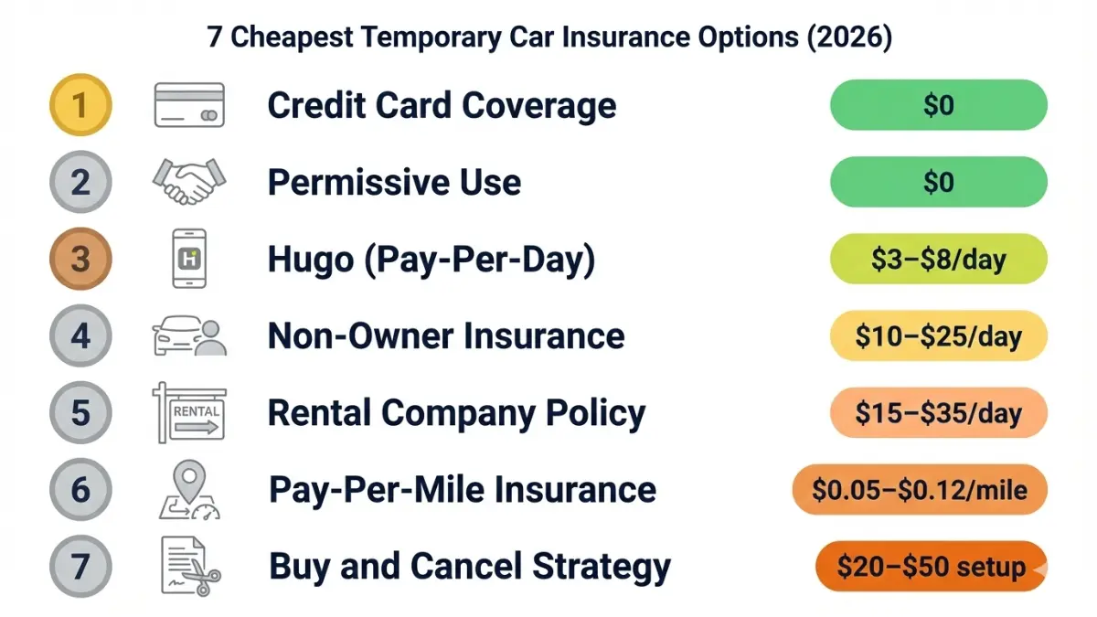 Temporary car insurance cheapest options ranking 2026